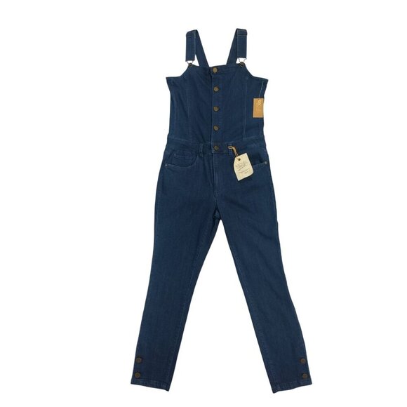 Rachel Roy dark wash denim jumpsuit, button front closure and adjustable straps - Picture 1 of 7